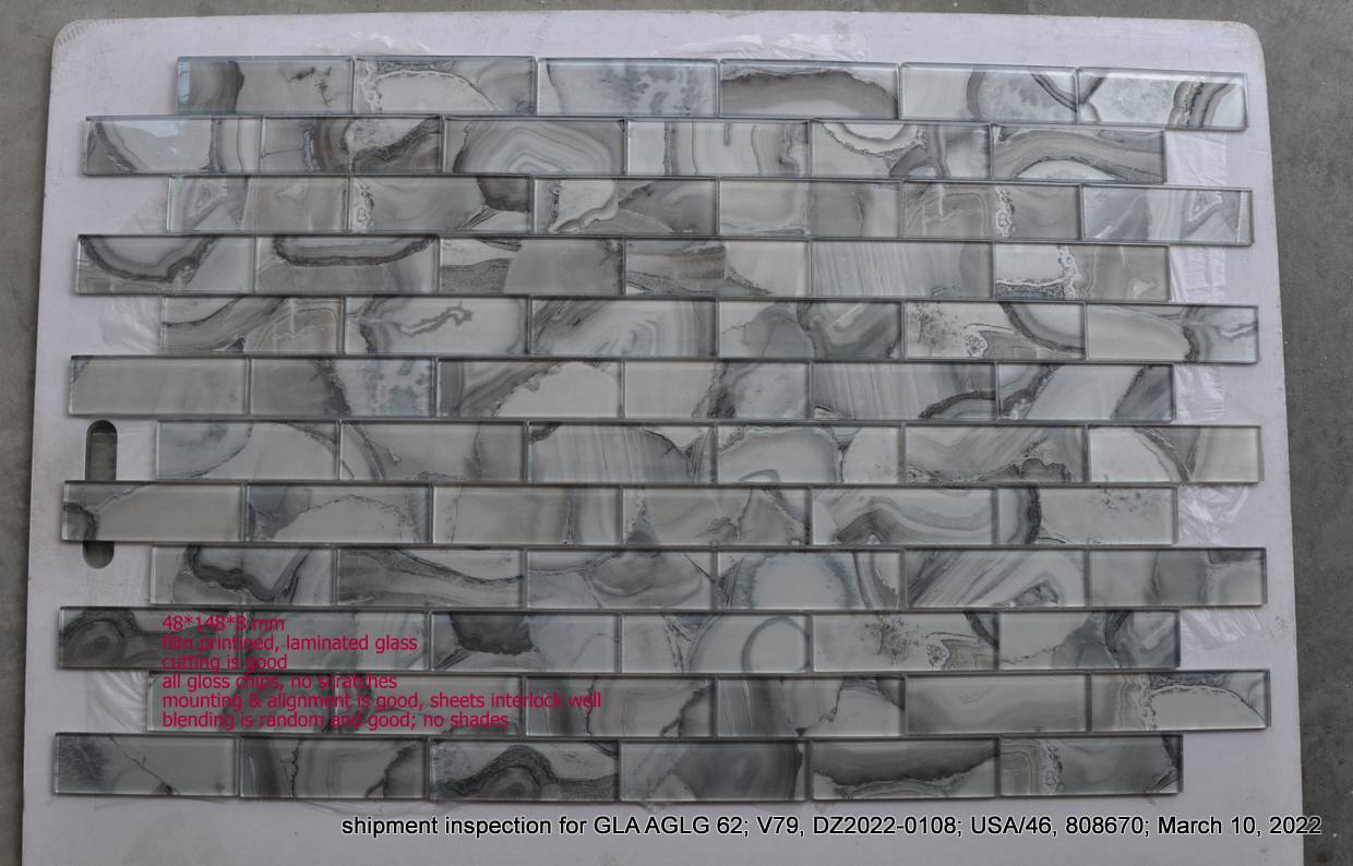 Inspeção de fábrica de mosaico de vidro na China para GLA AGLG 62; V79, DZ2022-0108; EUA_46, 808670; 10 de março de 2022
